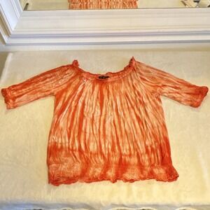INC International Concepts Orange Vintage Tie Dye Ruffle Blouse 3/4 Sleeve 2X